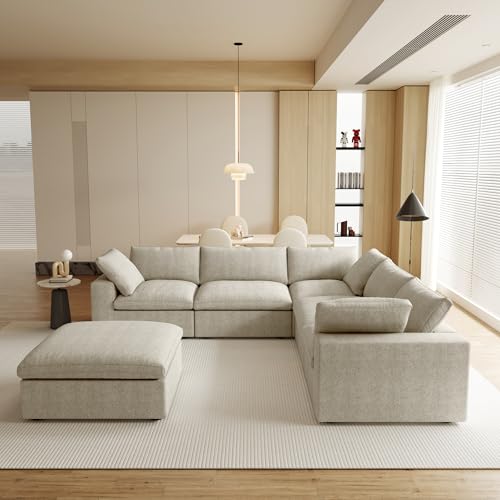 Image of JACH V Shape Couch Sectional for Living Room, Deep 5-Seats Modular Convertible Sofa, Couch Cushion Covers Removable, Cloud Sofas with Chaise Ottoman for Living Room, Apartment (Khaki)
