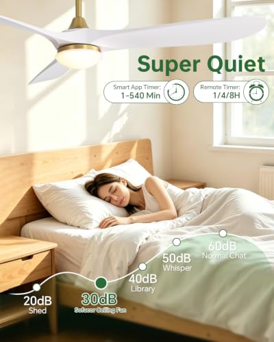 Image of Sofucor 60 Inch Smart Ceiling Fan with Lights, 3 ABS Blades, Golden+White | Alexa /APP /Remote Control, Modern, Quiet DC Motor, 3CCT Dimmable, 6 Speeds, Indoor /Outdoor /Bedroom /Living Room /Patio /Kitchen