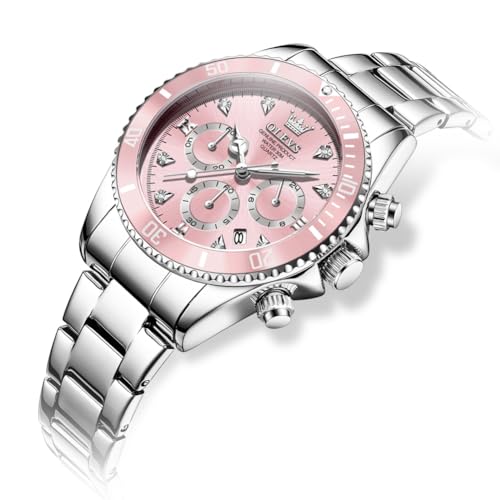 Image of OLEVS Women Dress Watch, Two Tone Diamond Quartz Wrist Watch, Stainless Steel Waterproof Luminous Day Date Ladies Chronograph Gift Watch