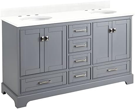 Signature Hardware 480712 Quen 60" Free Standing Double Vanity Set with Wood Cabinet, Vanity Top and Oval Undermount Vitreous China Sink - 8" Faucet Holes - Gray/Feathered White