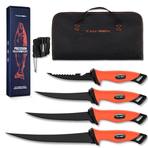 TAN REN Filetiermesser Fisch Set, Fischmesser mit Anti-Rutsch-Griff, Filetiermesser Fleisch Set mit Mit Tasche und Messerschärfer, Full Tang Angelmesser Outdoor-Messer, Geschenk für Männer TAN REN Filetiermesser Fisch Set, Fischmesser mit Anti-Rutsch-Griff, Filetiermesser Fleisch Set mit Mit Tasche und Messerschärfer, Full Tang Angelmesser Outdoor-Messer, Geschenk für Männer