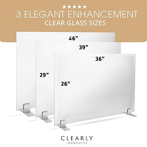 Image of Tempered Glass Fireplace Screen, 33 inch x 46 inch, Silver Base, Modern Frameless