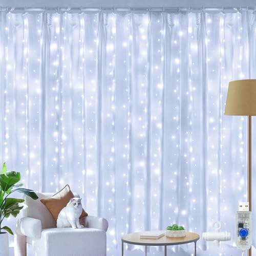 Ollny LED Lichtervorhang 2x2m, 200 LEDs Lichtervorhang innen USB Kaltweiß,...