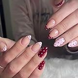 OuryTech Ongles Press On, 24 pièces Dot Press On Ongles Medium Amande, Blanc et Rouge French Ongles avec Design à Pois, Ongles Artificiels Réutilisables, Couverture Complète