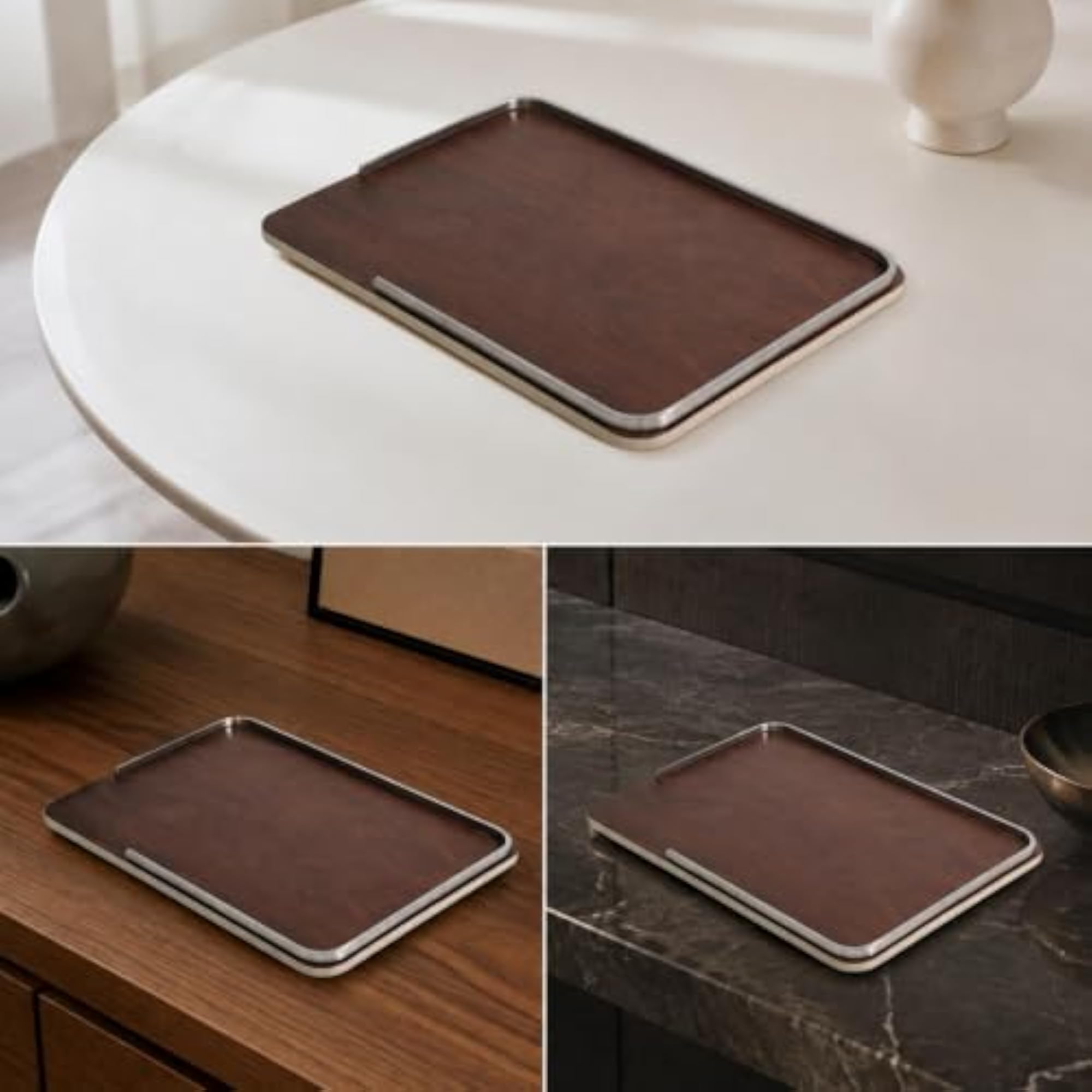 Rectangular Wood Tray with Shiny Rim, Elegant Design