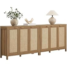 SICOTAS Rattan Buffet Cabinet with Storage 87" Sideboard Cabinet with 6 Doors & Adjustable Shelves Wood Sideboard Credenza Storage Cabinets for Entryway Living Room Reclaimed Caramel Oak