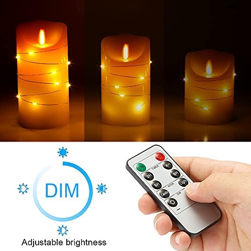 LED Flameless Candle with Embedded Fairy String Lights,3-Piece LED Candle Lights 10-Key Remote Control Led Tea Light wthTimer Function Dancing Flame Real Wax (Warm White)