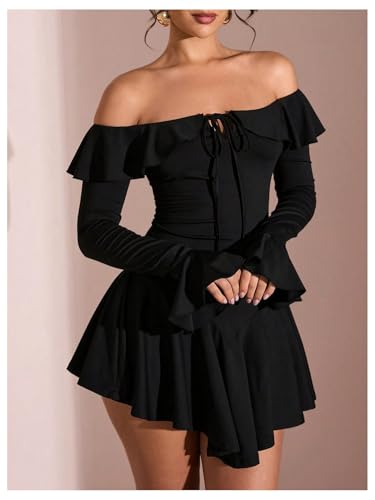 Floerns Women's Party Ruffle Dresses Elegant A Line Off Shoulder Front Tie Mini Dress4