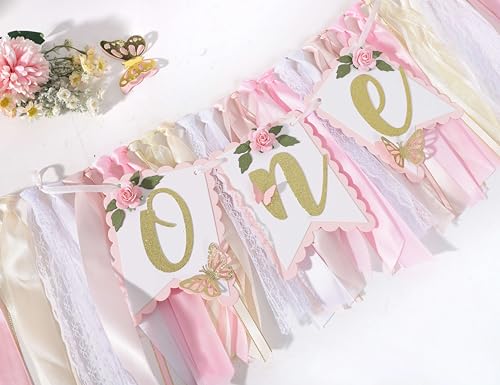 Pink and Gold High Chair Banner- Floral and Butterfly One Highchair Banner, 1st Birthday Party Decoration for Girls, Pink 1st Birthday Decor by Agkvw - Image 8