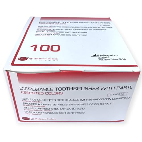DE Healthcare Products – Einmalzahnbürsten mit Zahnpasta (100 Stück), einzeln hygienisch verpackt, 4 untersch. Farben (4x 25 Stück) – Bild 7