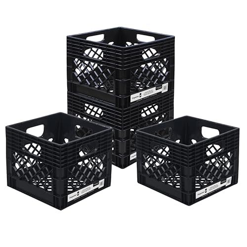 ORGANIZE-IT! Authentic Milk Crate, 4 Pack, Black – Heavy-Duty Storage Crate, Easy-Grip Handles, Versatile Storage Crate Box, 13″ L x 13″ W x 11″ H