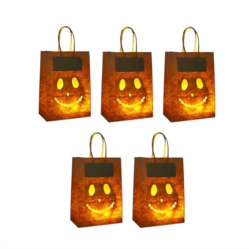 Halloween Luminary Bags – 5 Pack Paper Lantern Decorations with Jack-o'-lantern Design, for Led Tea Lights, Porch & Party Decor (Style B)