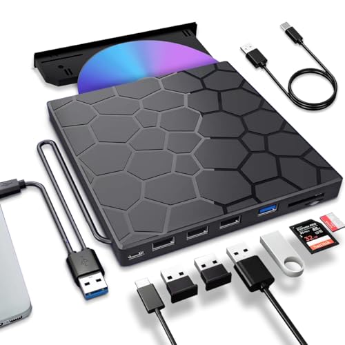 External CD DVD Drive,USB 3.0 & Type-C CD/DVD RW Adapter ROM Burner Rewriter Writer Reader with SD/TF&4 USB Ports,Slim Optical DVD Player for Laptop PC Windows 11/10 Computer Mac Macbook Pro Air iMac