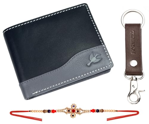 Image of HORNBULL Rakhi Gift Hamper for Brother - Buttler Black Men's Leather Wallet, Keyring and Rakhi Combo Set for Brother | Wallet with Rakhi