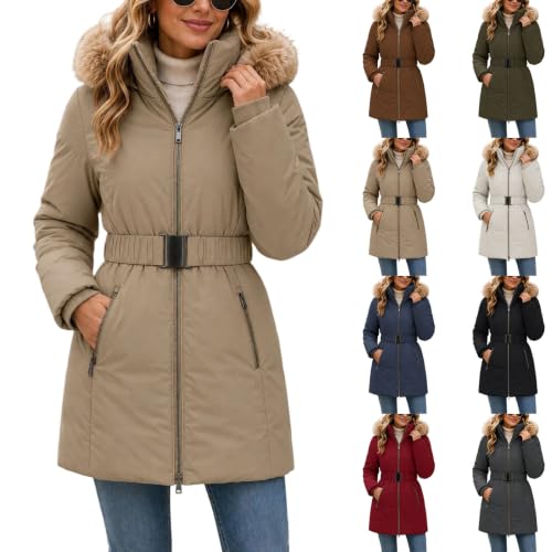 Long Puffer Coat Women 2026 Winter Quilted Jacket with Fur Hood and Belt | Womens Belted Puffer Coat with Faux Fur Hood, Zip Pockets, Ribbed Cuffs, and Mid-Length Warmth for Fall Layering. - image 1
