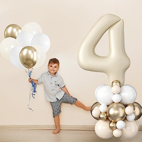 Image of 40 Inch Cream Number 4 Balloon for 4th Birthday Decoration Beige White Sand Number Four Foil Balloon Tower Giant Large Nude Neutral Digit Helium Balloons Stack for Girls Boys Anniversary Party