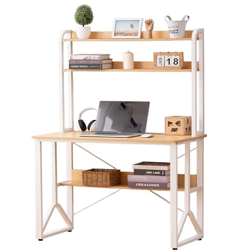 SHARPDO Bureau Moderne 100x50cm Style Chêne, Étagères Double Niveaux Anti-Chute & Structure Y Stabilisatrice - Bureau Étudiant avec Bordure Sécurisée