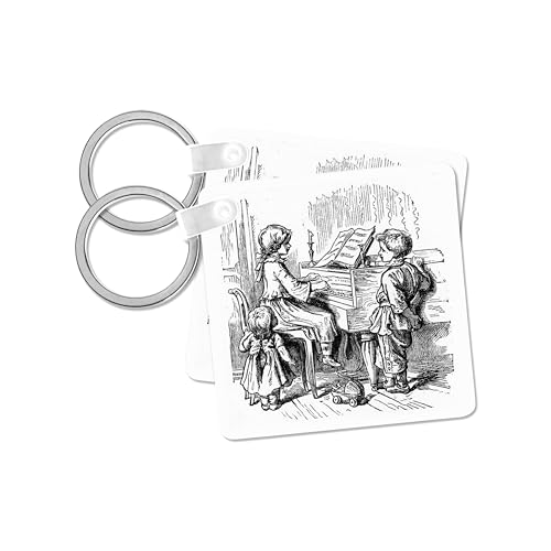 3dRose, 3 Children At Piano In Black n White, set of 4 Key Chains