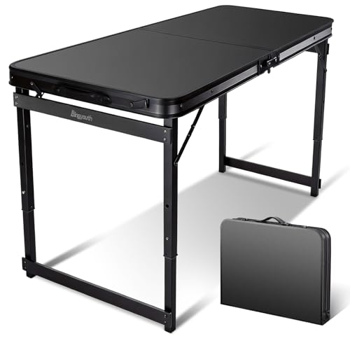 Bingyouth Compact Folding Table 100x60cm (3.3ft), 3-Height Adjustable (45/52/60cm) Portable Picnic Table for 2, Lightweight with Carry Handle for Garden Balcony Camping, Easy-Wipe Surface, Black