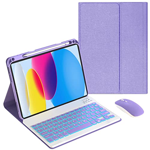 IPad第9世代/第8世代/第7世代(2021/2020/2019)10.2インチ用キーボードケース、7色バックライト Sペンホルダー付き磁気脱着式無線Bluetoothキーボード,紫色