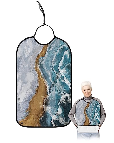 Marble Beach Adult Bib for Eating with Crumb Catcher,Washable & Waterproof Terry Cloth Adjustable Elderly Women Men Adult Bibs Funny Apron Clothing Protector Gradual Multi Modern Abstract Boho