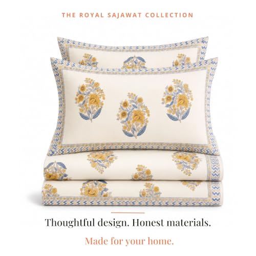 Image of Naksh Bedsheet Queen Size Bed Cotton | Royal Sajawat Vintage Mughal Floral Bedsheet with 2 Pillow Covers | Pure Cotton Bedsheets for Queen Size Bed | Royal Blue Cotton Bedding Set