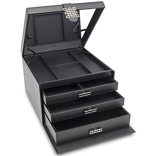 Glenor Co Makeup Organizer - Extra Large Exquisite Case w Modern Closure, 4 Drawer Trays