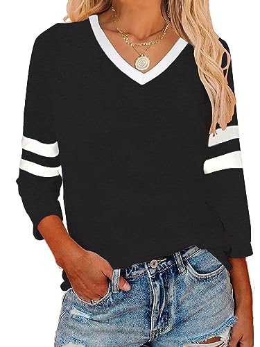 Womens Tops V Neck Color Block Tee Striped Tunics 3/4 Sleeve Fashion Comfy Shirt Basic Tshirts