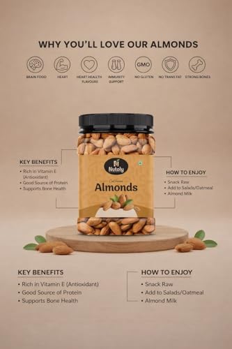 Image of Nutoly California Almonds | 100% Natural Badam | Dry Fruits Rich In Protein And Dietary Fiber | Nutty & Crunchy | No Additives, Preservatives Or Added Flavors | Healthy Snack (1000Grm)