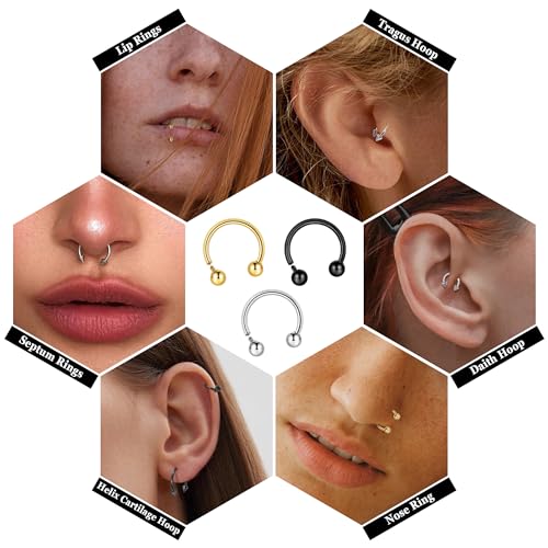 16G 18G G23 Titanium Septum Nose Rings for Men Women Horseshoe Septum Ring for Sensitive Skin Internally Threaded Lip Ring Spike Ball Cartilage Helix Daith Tragus Hoop Earring 8-12MM3