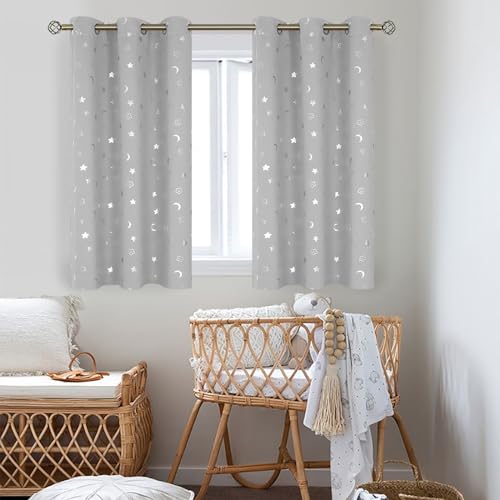 Bgment 035LTGREY4254 Kids Curtains For Nursery, Short Star And Moon Blackout Curtains For Bedroom 54 Inch Length, Room Darkening Thermal Insulated Small Window Curtains For Boys Girls, Light Grey, 42 Wide, 2 Panels thumb #1