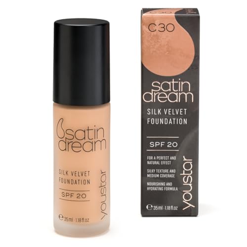 youstar - youstar SATIN DREAM Foundation, Feuchtigkeitsspendende Make-up-Grundlage, mittlerer bis hoher Deckkraft, für einen seidig glatten Teint, cremefarbene Textur, natürlich, für unregelmäßige Haut (C30)