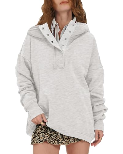 Locachy Womens Oversized Sweatshirt Hoodies Button Henley Neck Pullover Tops Fashion Outfits Clothes Light Grey Medium