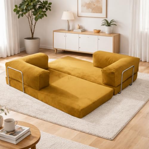 Image of Torque Vegas Three Seater Sofa Cum Bed for Sleeping-Yellow | Premium Suede Fabric 3-Seater Double Foam Fold Out Sofas Bed | Convertible 3-in-1 Sofa Cuma Bed for Office