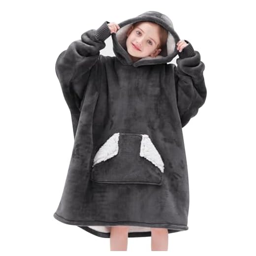 Touchat Wearable Blanket Hoodie, Oversized Sherpa Blanket Sweatshirt with Hood Pocket and Sleeves, Super Soft Warm Comfy Plush Hooded Blanket for Kids, One Size Fits All (Grey)