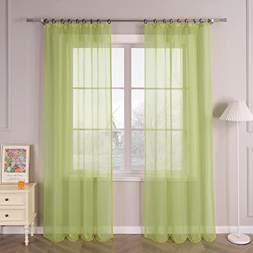 HongYa 1 Pièce Rideau Voilage Uni avec Galon Fronceur Installation Facile Transparent Décoration pour Fenêtre de Salon Chambre à Coucher Simple et Naturel Vert H/L 145/145CM