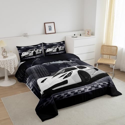 Image of Feelyou Race car Airplane Comforter Set Black Grey White Speed Sports Car Bedding Set for Kids Teens Racing Car Comforter Extreme Sports Duvet Set Decor Quilt 3Pcs King Size Boys