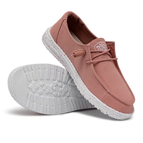 Image of HEYDUDE Women's Wendy Slub Canvas Slip On Shoe, Terracotta Size 8 | Comfortable Lightweight Casual Loafer with Elastic Laces