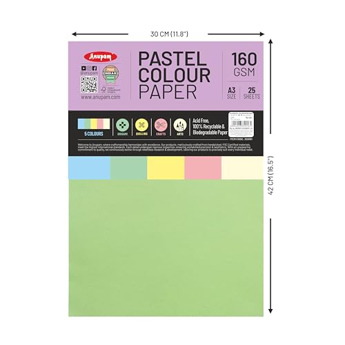 Image of Anupam A3 Pastel Colour Loose Paper 160gsm 5 Colors Paper for Arts, Crafts, Quilling, Origami