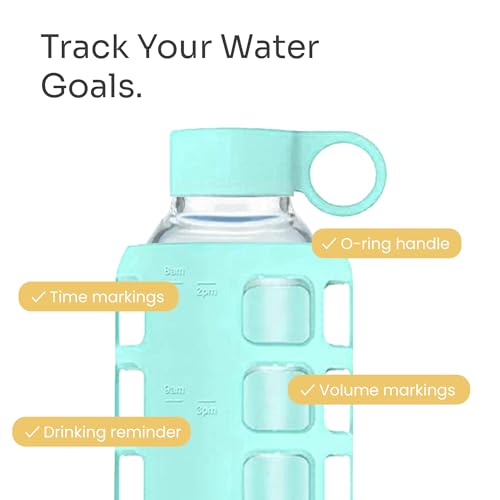 Image of purifyou 40oz / 32oz / 22oz / 12oz Borosilicate Glass Water Bottle with Time & Volume Markers, Silicone Sleeve, Stainless Steel Lid | Reusable Glass Bottle for Water & Juice (32oz Glow-in-the-Dark)