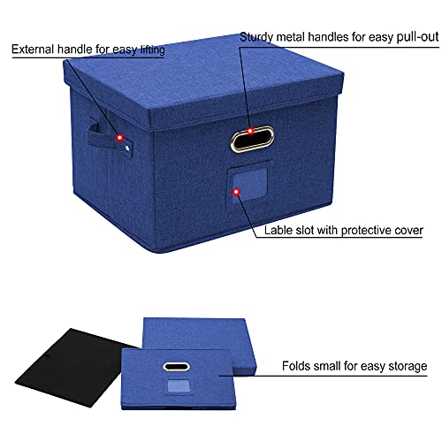 Jsungo File Box With 5 Hanging Filing Folders, Document Organizer Storage For Office, Collapsible Linen Storage Box With Lids, Home Portable Storage With Handle, Letter Size Legal Folder, Navy #TOP5