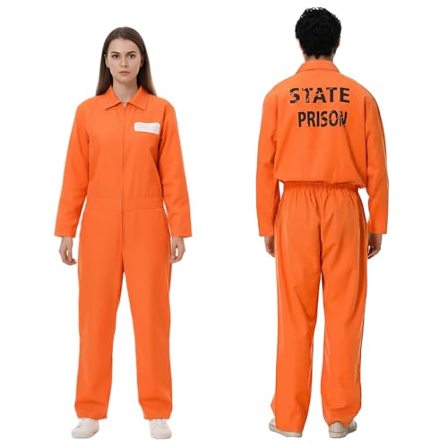 Atomvia Gefangener Kostüm Herren Orange L Größe Prisoner Jumpsuit mit Namensschild kostüm herren Knast Kostüm für Halloween Cosplay Karneval Erwachsene