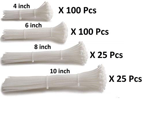 Image of ART IFACT Nylon 250 Pieces of Nylon Cable Tie 4, 6, 8 and 10 inch- Super Strong, Natural Colour (Combination 1)