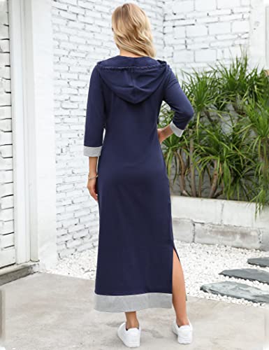 Image of MISSKY Women Casual Pocket Quarter-Zip Neck 3 /4 Sleeve Slim Split Pullover Hoodie Maxi Dress