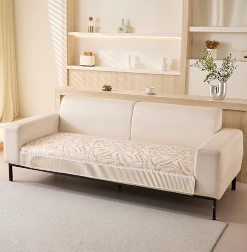 Image of House of Quirk Sofa Cover Mat Leaf Pattern Chenille Fabric Seater Sofa Slipcover Anti-Slip Stretch Seat Pad from Pets Replacement Protector (Five Seater, Beige Gold, 90x230cm)