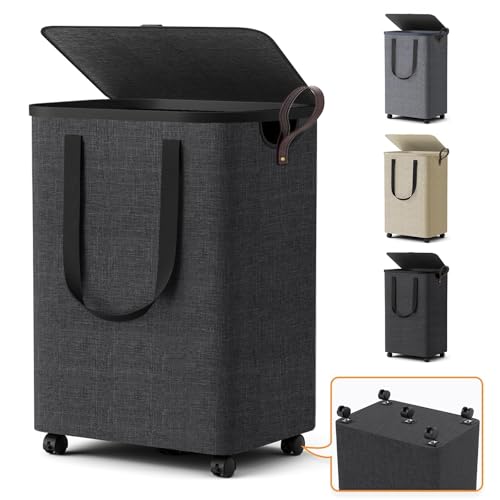 Laundry Basket with 5 Wheels, Tall Dirty Laundry Hamper, Rolling Laundry Basket with Lid,...