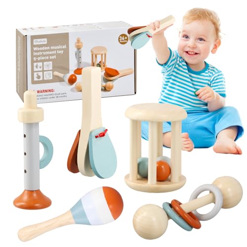 Dewocke 5PCS Strumenti Musicali Montessori Set in Legno per Bambini, Strumenti Musicali Bambini, Kinderspielzeug Set in legno per bambini 1-3 anni