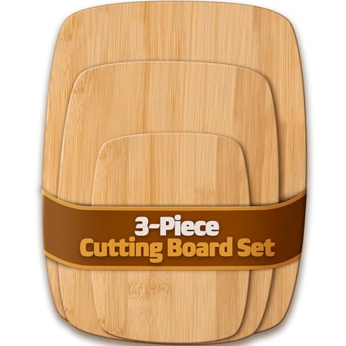3-Piece Reversible Bamboo Cutting Board Set for Kitchen - Wooden Chopping Boards and Charcuterie Serving Boards for Cheese Meat Bread Fruit and Meal Prep, Knife Friendly Food Grade Bamboo by Bambüsi