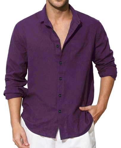 Enlision Chemise Violette Homme en Lin Manches Longues Été Coton Chemises Henley Shirts de Couleur Unie Leger Ample Casual de Plage Mariage M