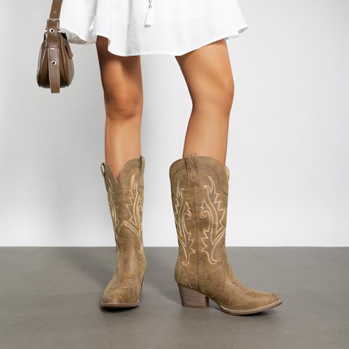 Image of DREAM PAIRS Women's Cowboy Cowgirl Western Boots | Embroidered Pointed Toe Low Heel Western Mid Calf Boots for Theme Party Country Concert